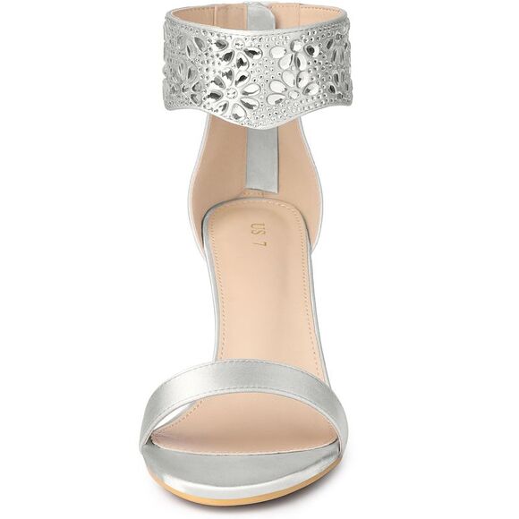 Women's Rhinestone Diamond Decor Crystal Ankle Strap Chunky Heel Sandals Silver - Picture 2 of 5
